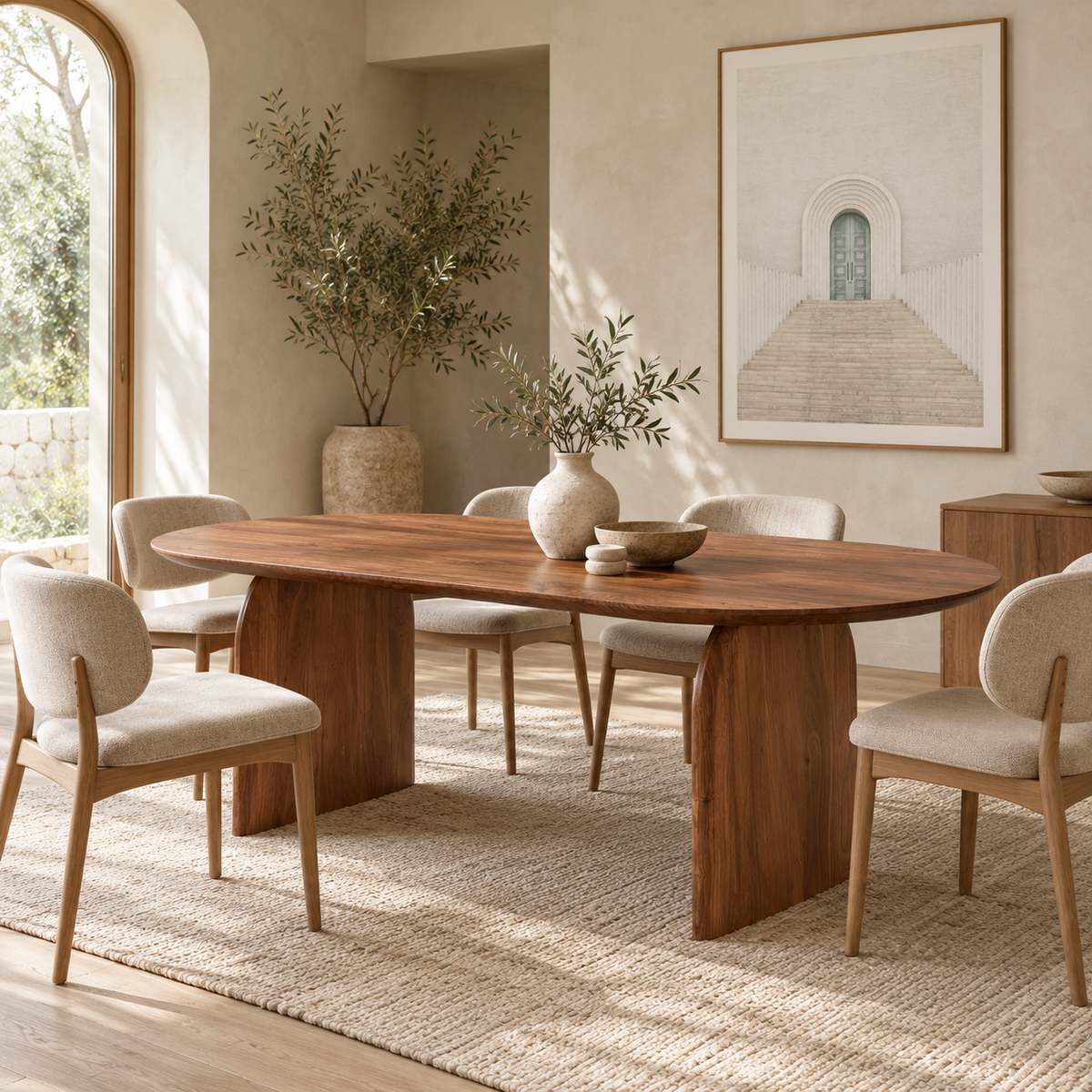 Front view of the Domingo oval dining table featuring a rich walnut finish and elegant curved pedestal leg supports