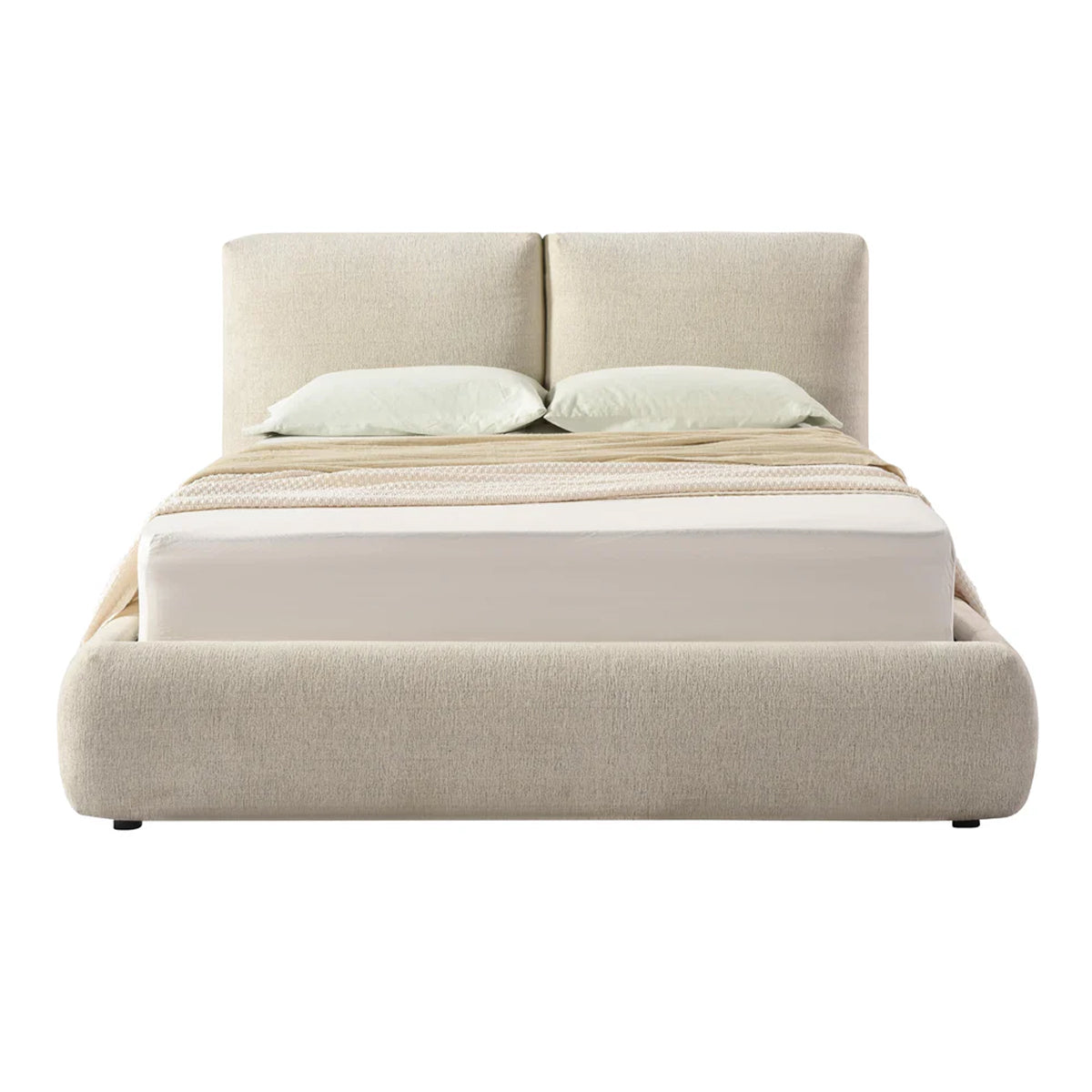 Front view of the Drom upholstered storage bed featuring a low-profile cream bouclé frame and a unique split-panel cushioned headboard