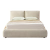 Front view of the Drom upholstered storage bed featuring a low-profile cream bouclé frame and a unique split-panel cushioned headboard
