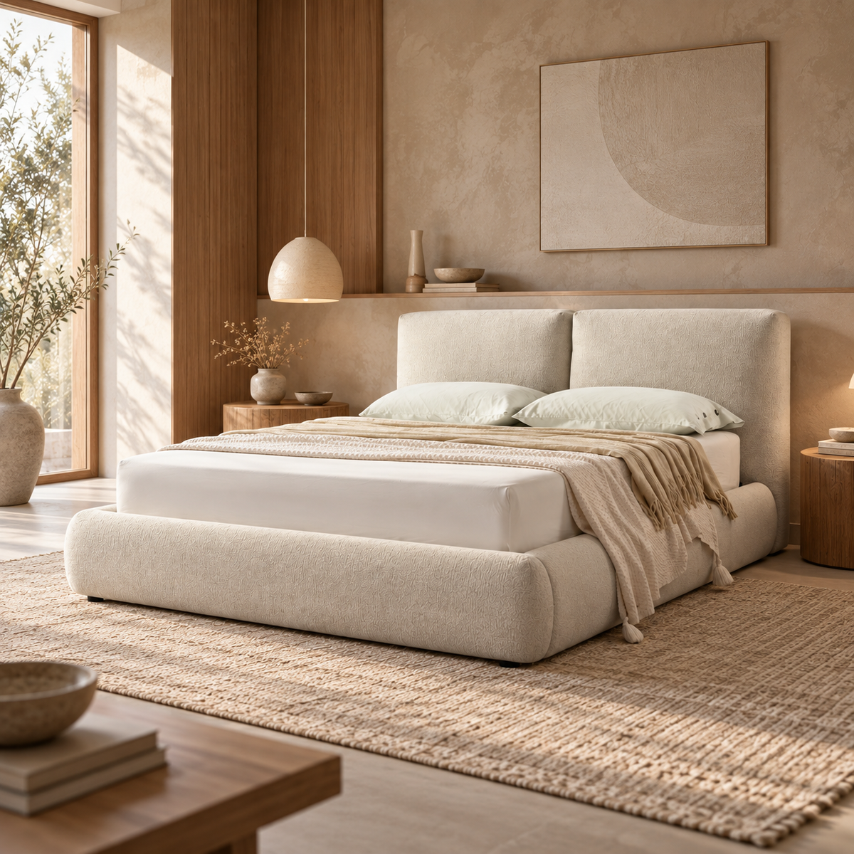 Front view of the Drom upholstered storage bed featuring a low-profile cream bouclé frame and a unique split-panel cushioned headboard