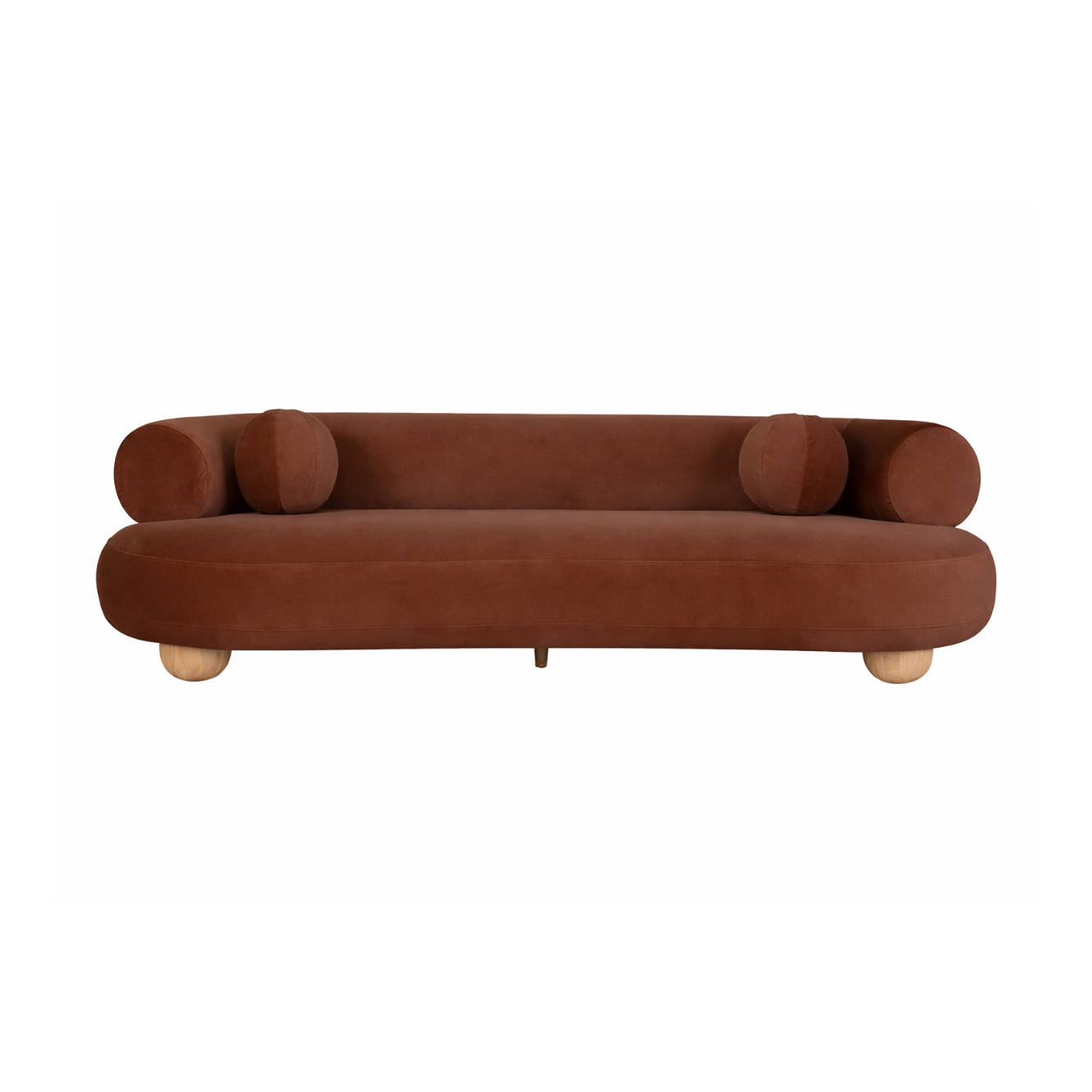 Ebba sofa in textured cream fabric with rounded arms and decorative circular pillows