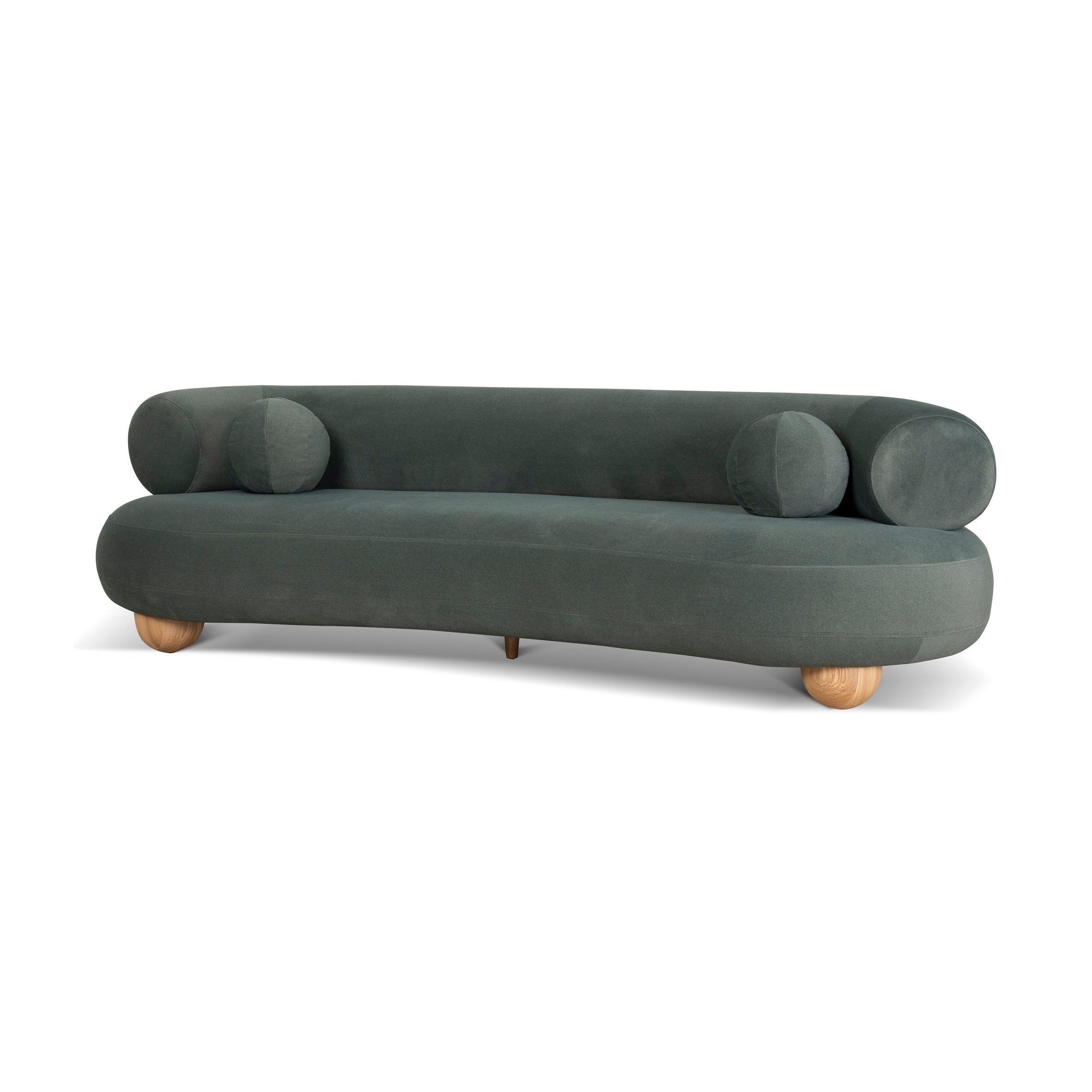 Ebba sofa in textured cream fabric with rounded arms and decorative circular pillows
