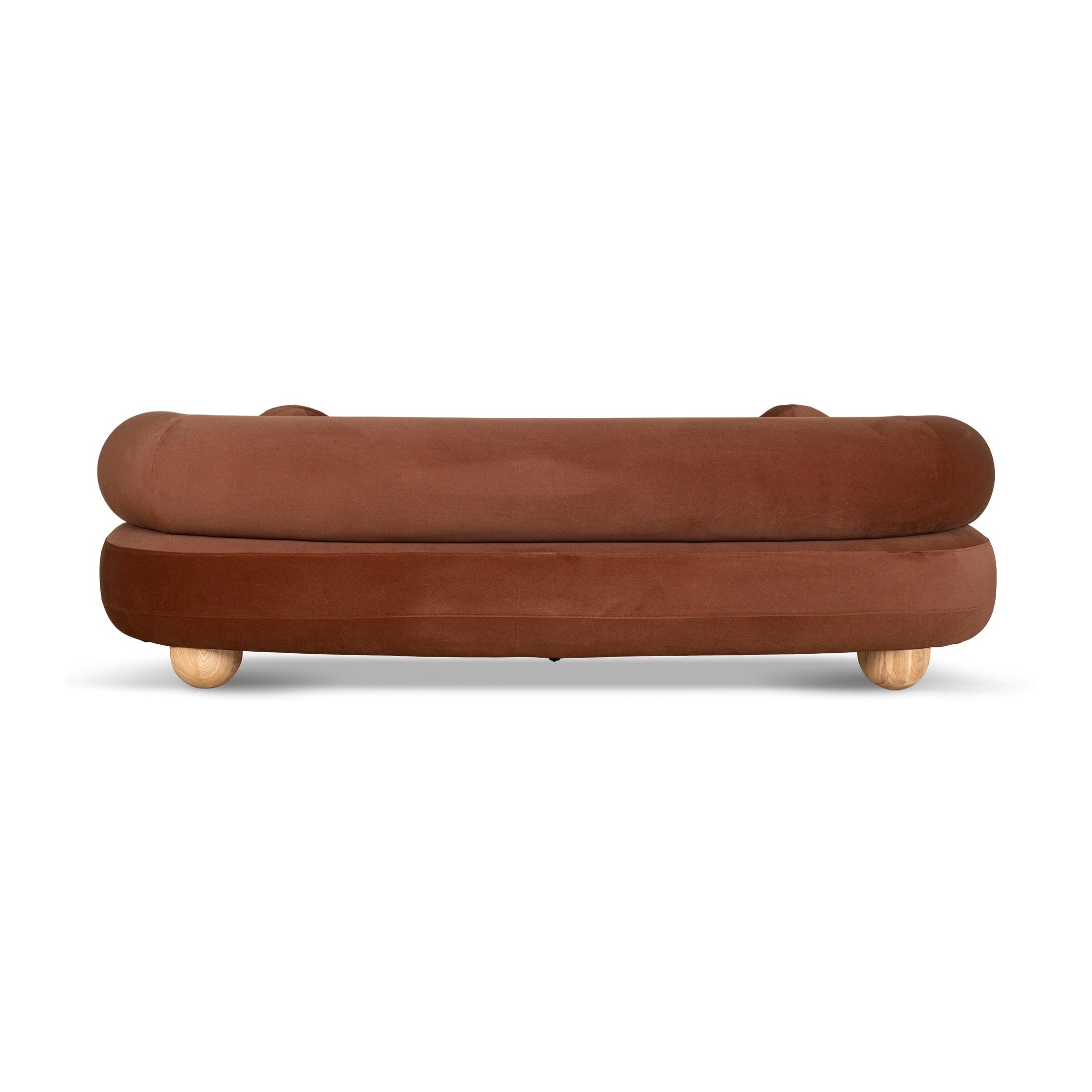 Ebba sofa in textured cream fabric with rounded arms and decorative circular pillows