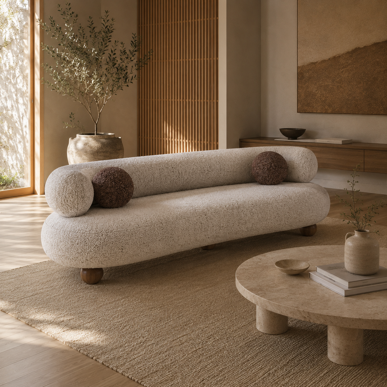 Ebba sofa in textured cream fabric with rounded arms and decorative circular pillows