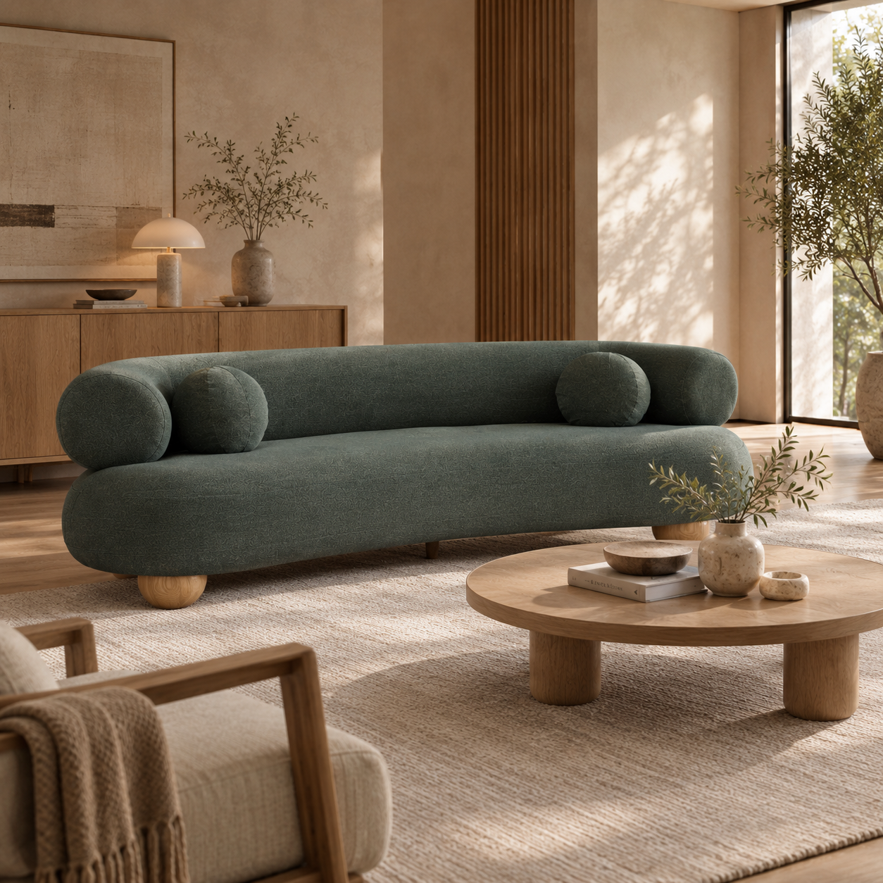 Ebba sofa in textured cream fabric with rounded arms and decorative circular pillows