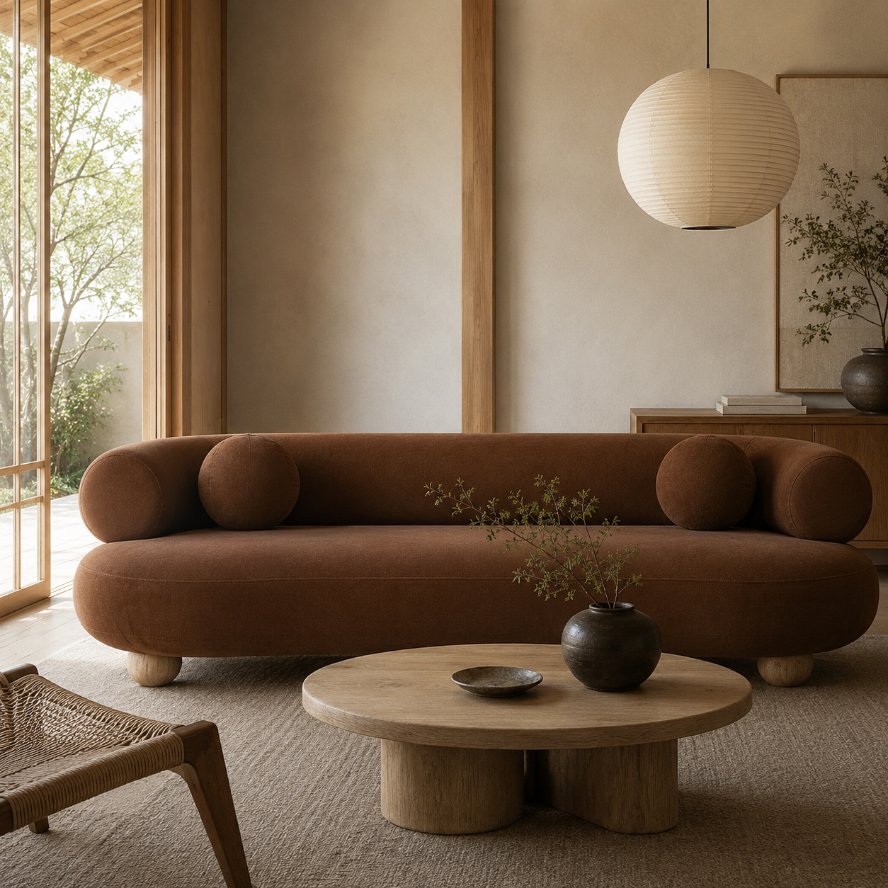 Ebba sofa in textured cream fabric with rounded arms and decorative circular pillows
