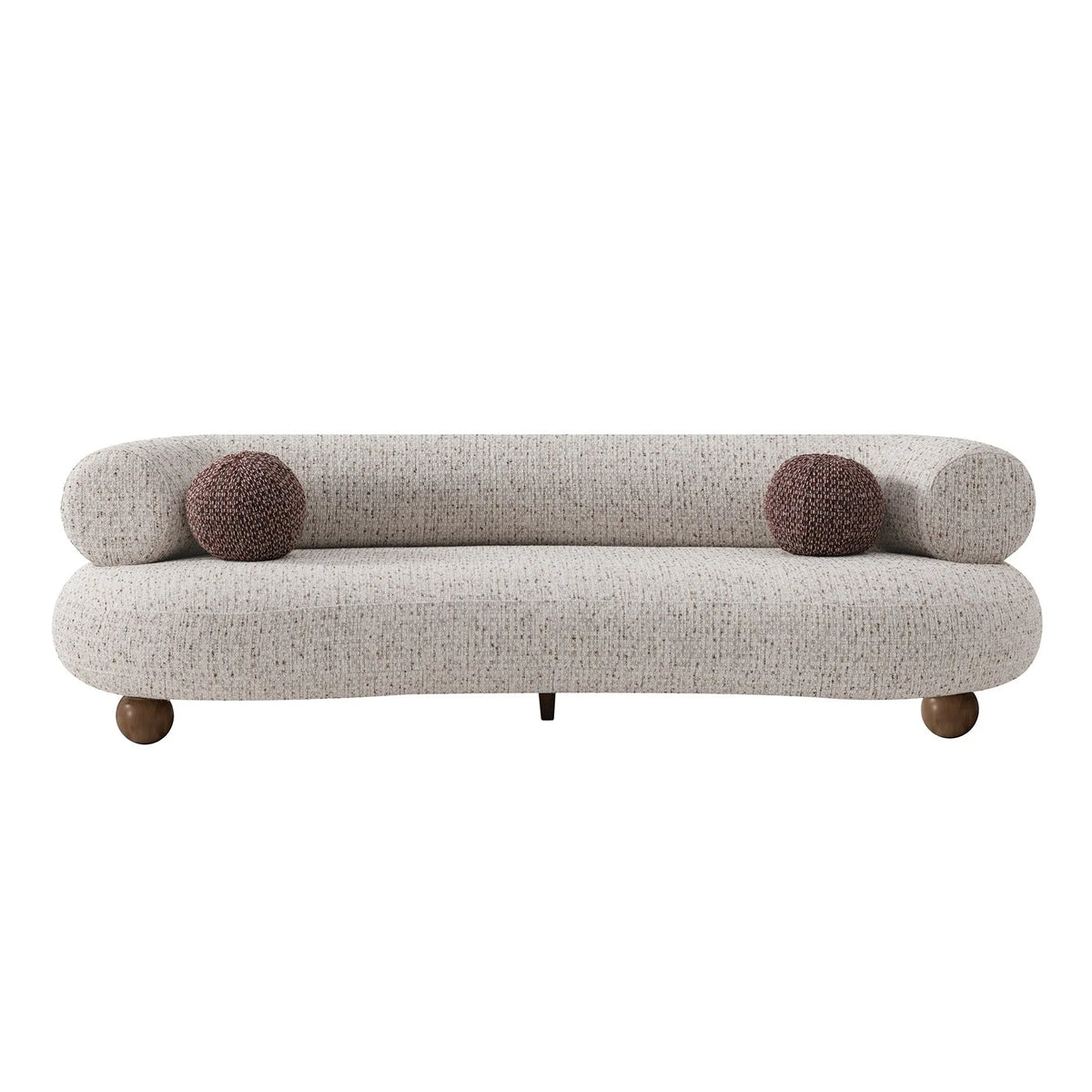 Ebba sofa in textured cream fabric with rounded arms and decorative circular pillows