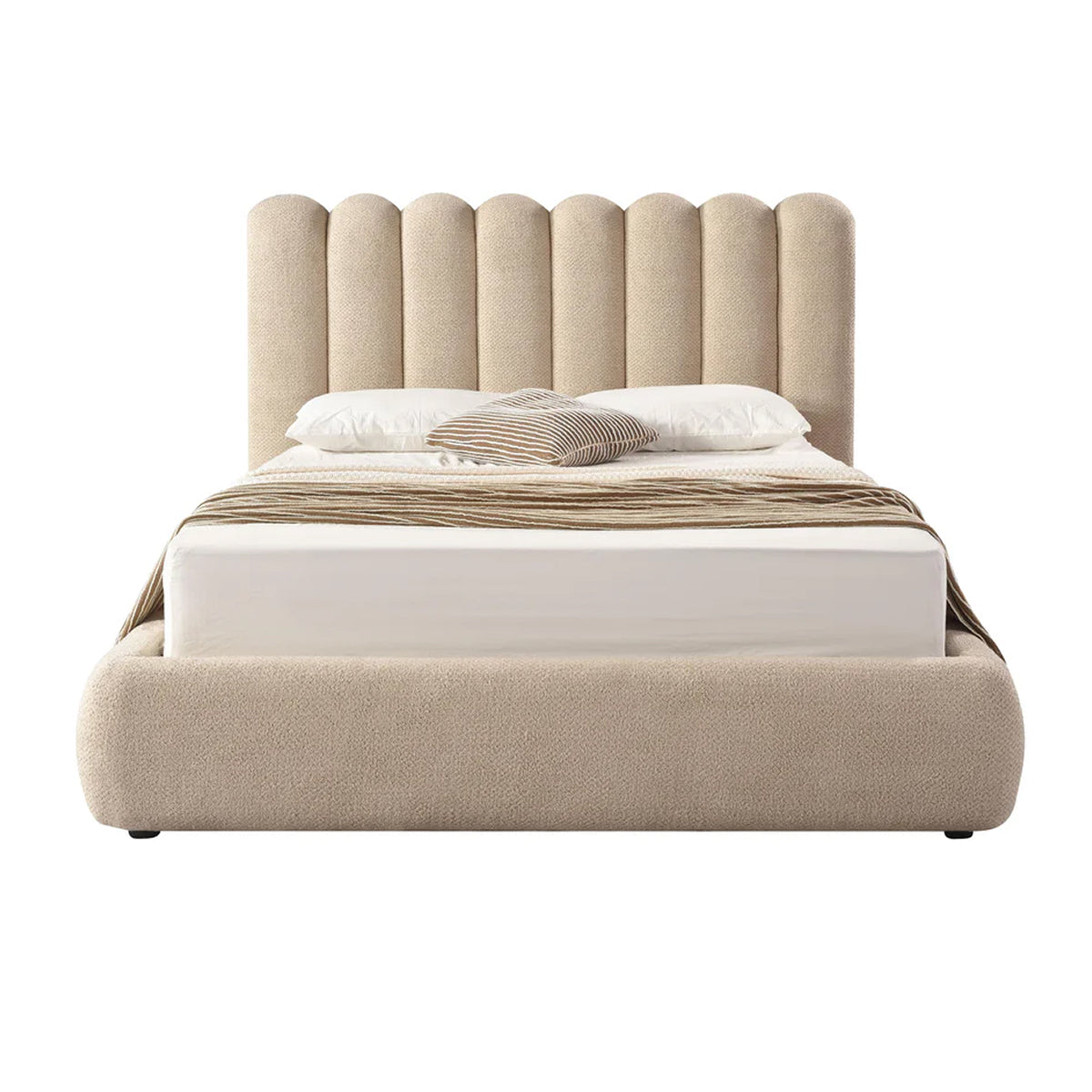 Front view of the Eira upholstered storage bed featuring a cream bouclé finish and a unique curved scalloped headboard