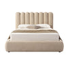 Front view of the Eira upholstered storage bed featuring a cream bouclé finish and a unique curved scalloped headboard