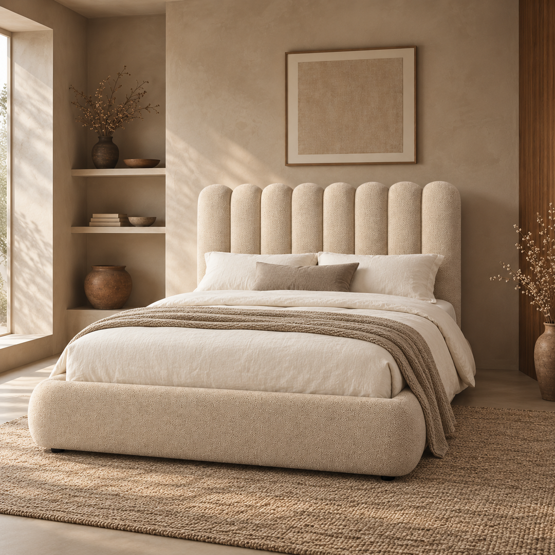Front view of the Eira upholstered storage bed featuring a cream bouclé finish and a unique curved scalloped headboard