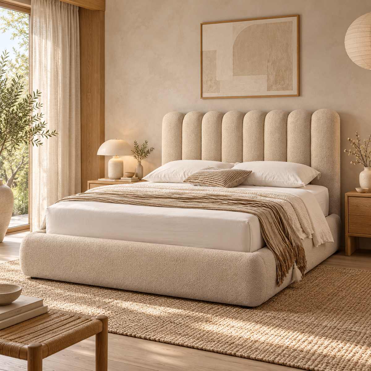 Front view of the Eira upholstered storage bed featuring a cream bouclé finish and a unique curved scalloped headboard