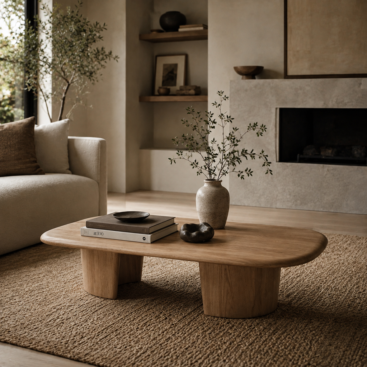 Front view of the Ekera coffee table featuring a soft rounded rectangular top and thick natural wood pedestal legs