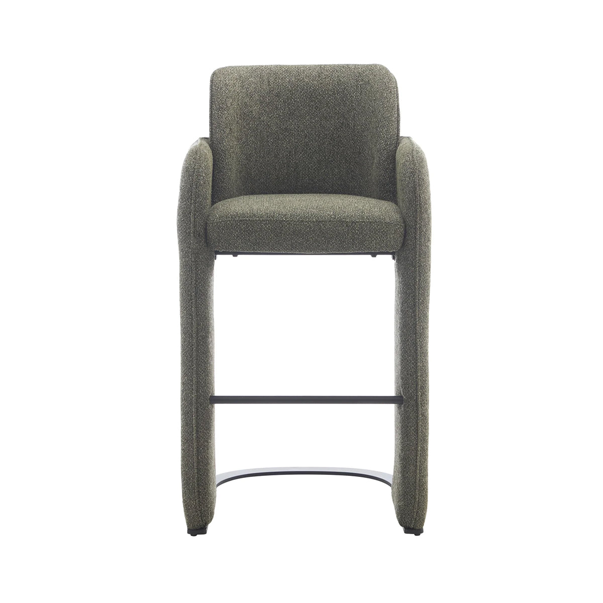 Elina counter stool wrapped in green upholstery, high-density cushioning, built from strong metal and plywood, and upholstered in 100% polyester fabric