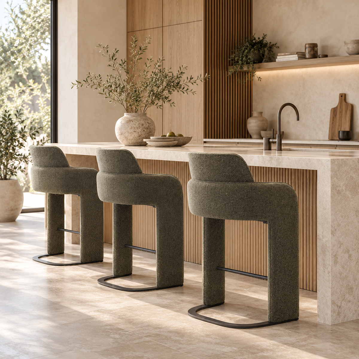 Elina counter stool wrapped in green upholstery, high-density cushioning, built from strong metal and plywood, and upholstered in 100% polyester fabric