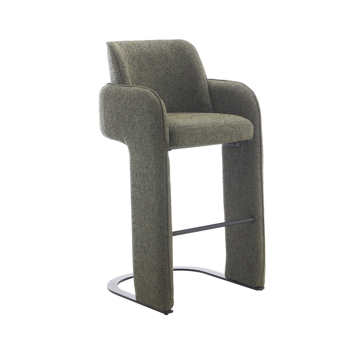 Elina counter stool wrapped in green upholstery, high-density cushioning, built from strong metal and plywood, and upholstered in 100% polyester fabric