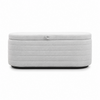 Front view of the Elio oval storage bench featuring platinum gray fabric and modern horizontal channel tufting