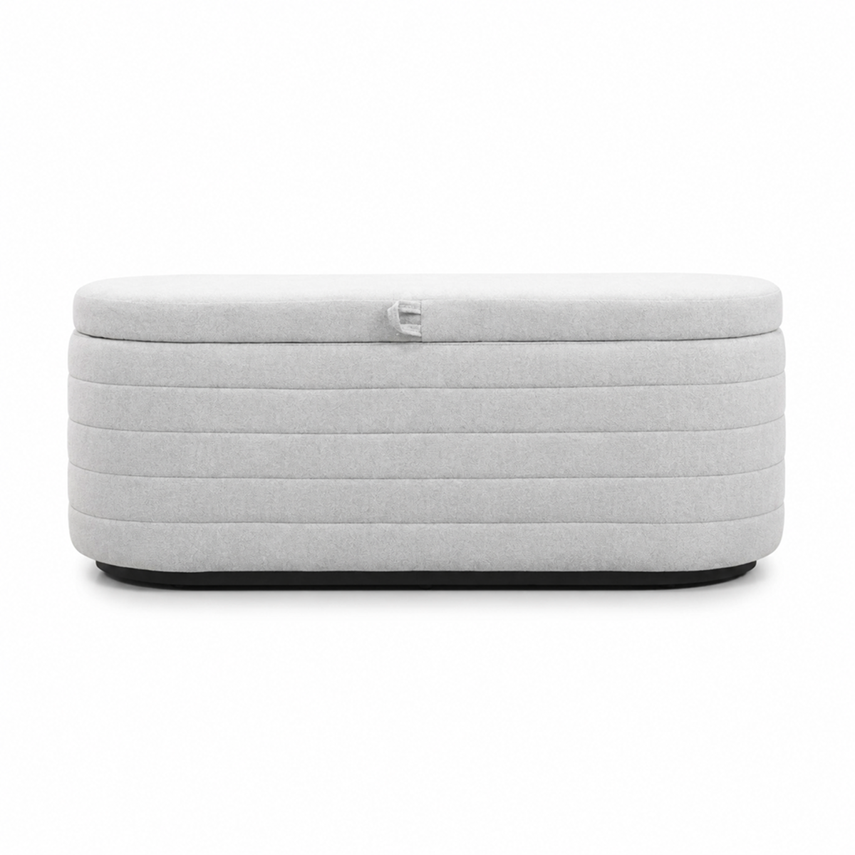 Front view of the Elio oval storage bench featuring platinum gray fabric and modern horizontal channel tufting