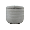 Front view of the Elio cylindrical storage ottoman featuring platinum gray textured fabric and horizontal channel stitching
