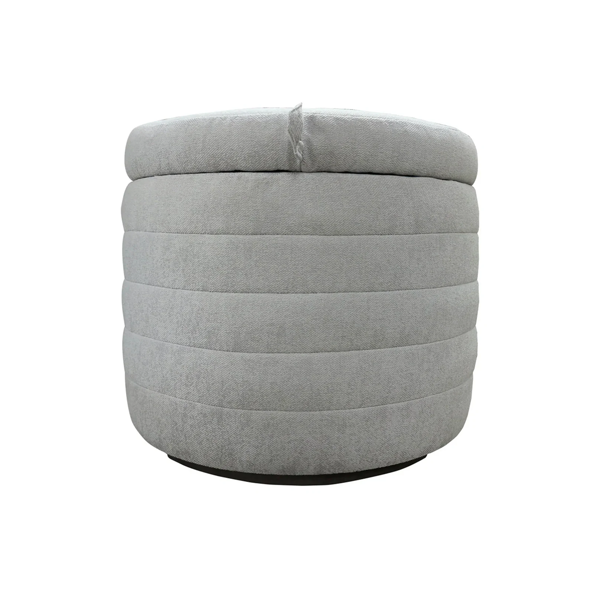 Front view of the Elio cylindrical storage ottoman featuring platinum gray textured fabric and horizontal channel stitching