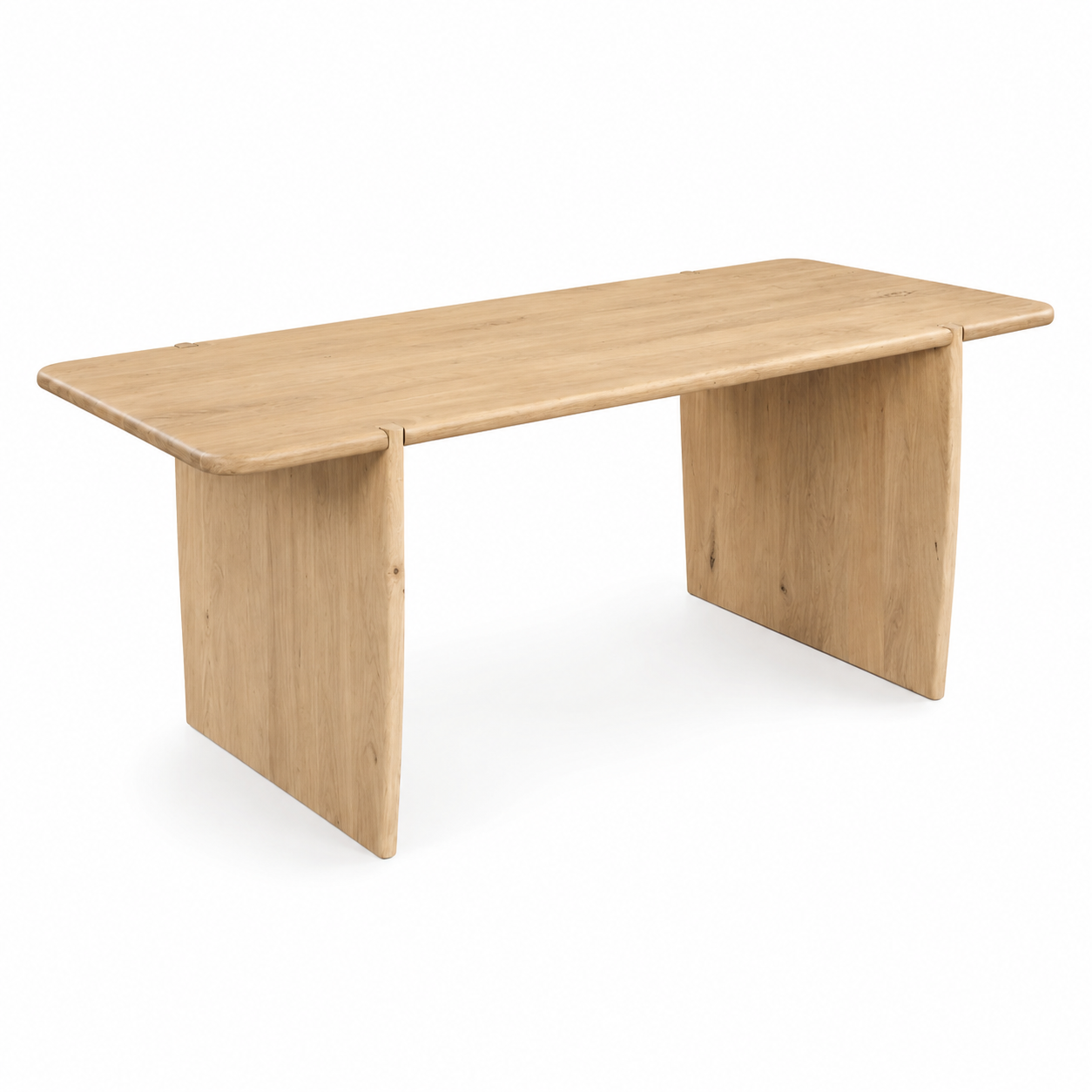 A minimalist rectangular wooden table with a light oak finish, featuring a thick top and two integrated block-style legs, shown against a plain white background.