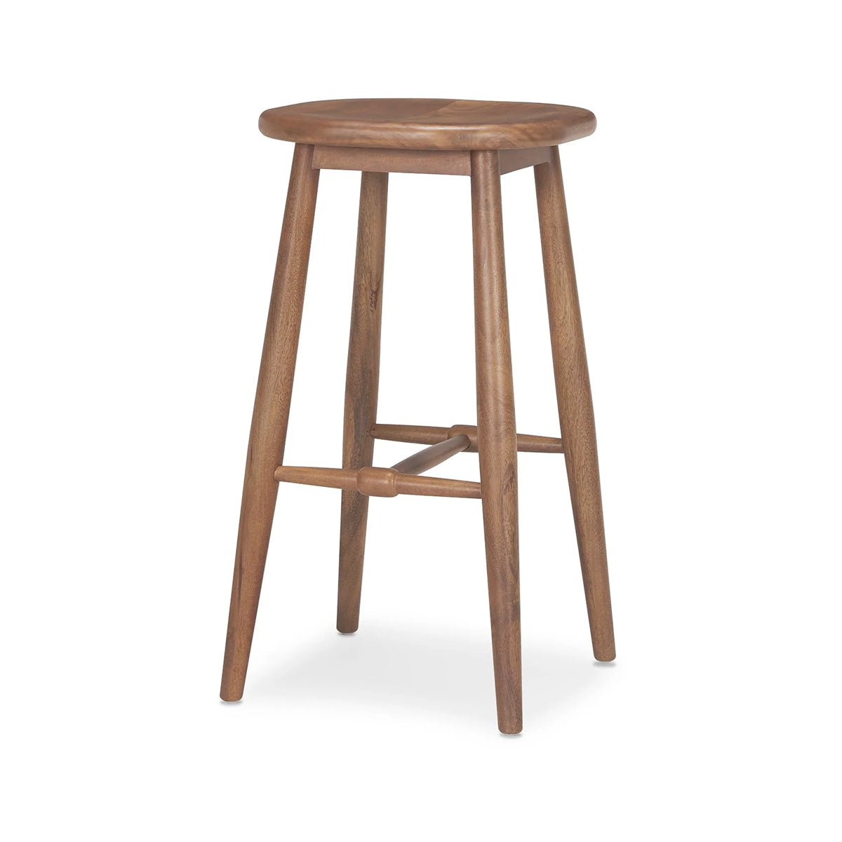 A single wooden bar stool with a round seat, four tapered legs, and a footrest, shown on a plain white background.