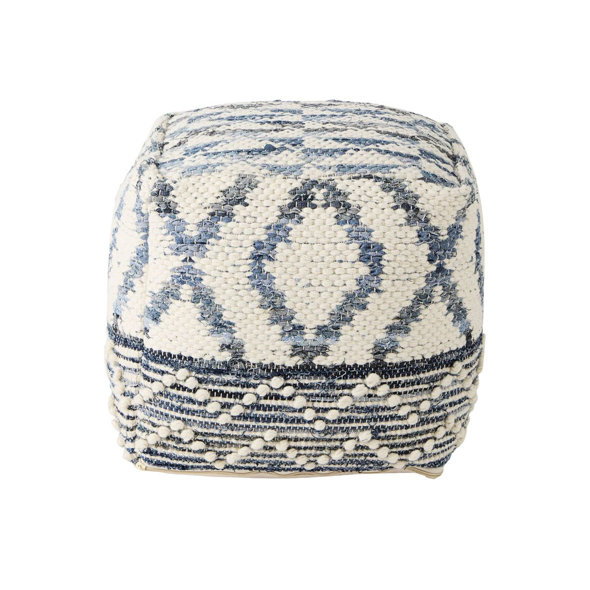 Front view of the Eshana cubic pouf featuring a hand-woven cream wool and blue denim diamond pattern with raised pom-pom texture