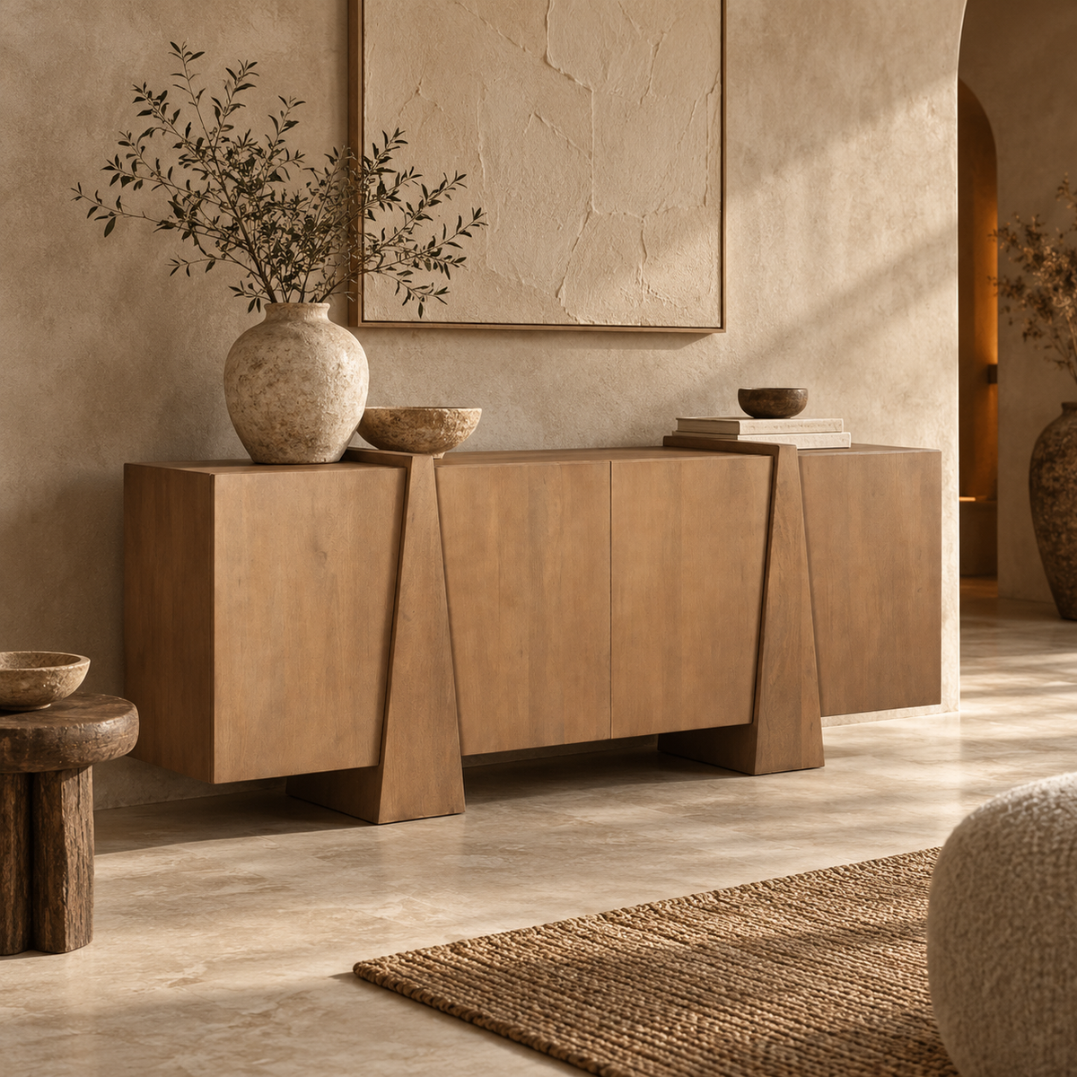 Front view of the Eula sideboard in medium brown wood featuring four seamless doors and two prominent sculptural vertical panel supports