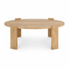 Front view of the Evelyn oblong coffee table in a light brown natural wood finish featuring thick slab legs