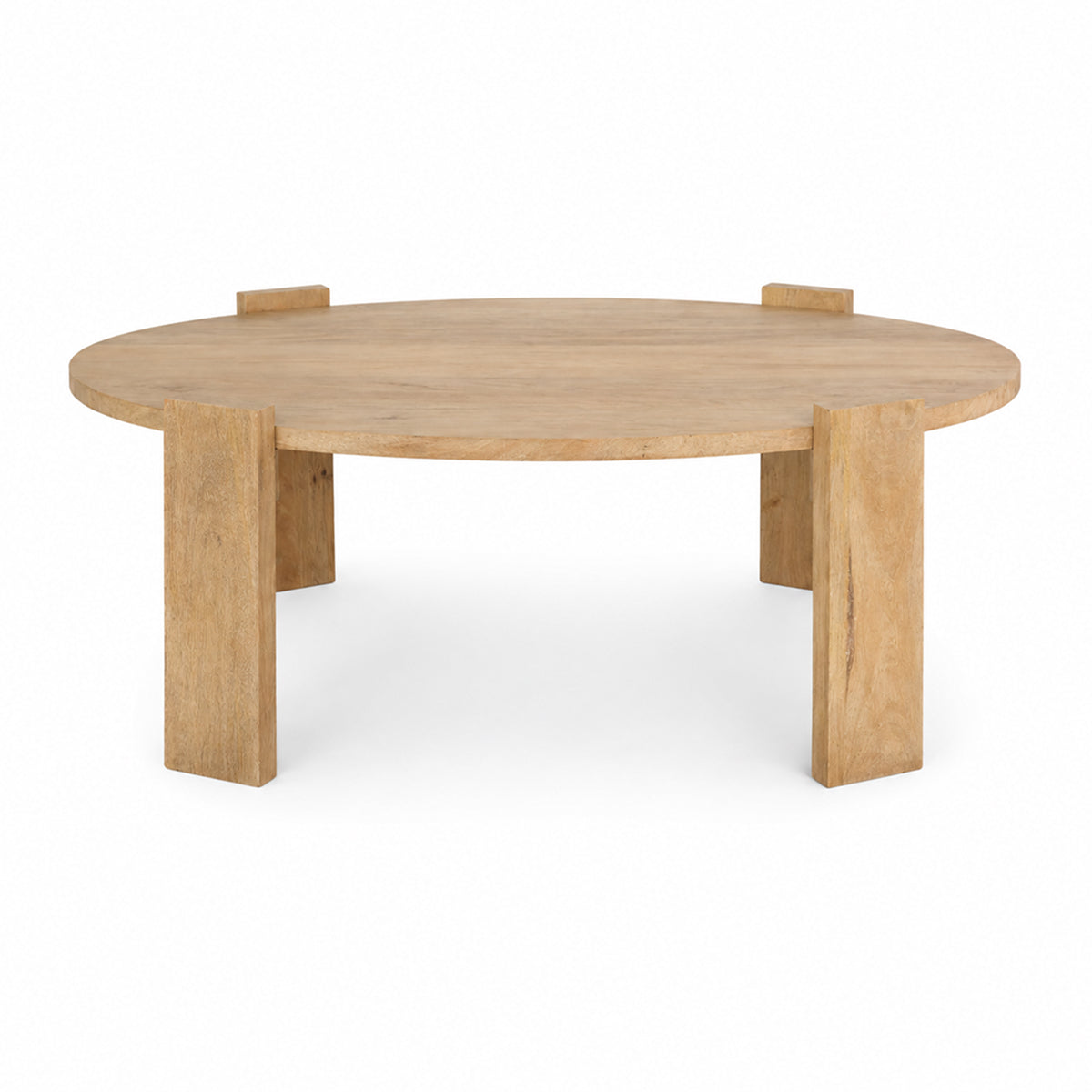 Front view of the Evelyn oblong coffee table in a light brown natural wood finish featuring thick slab legs