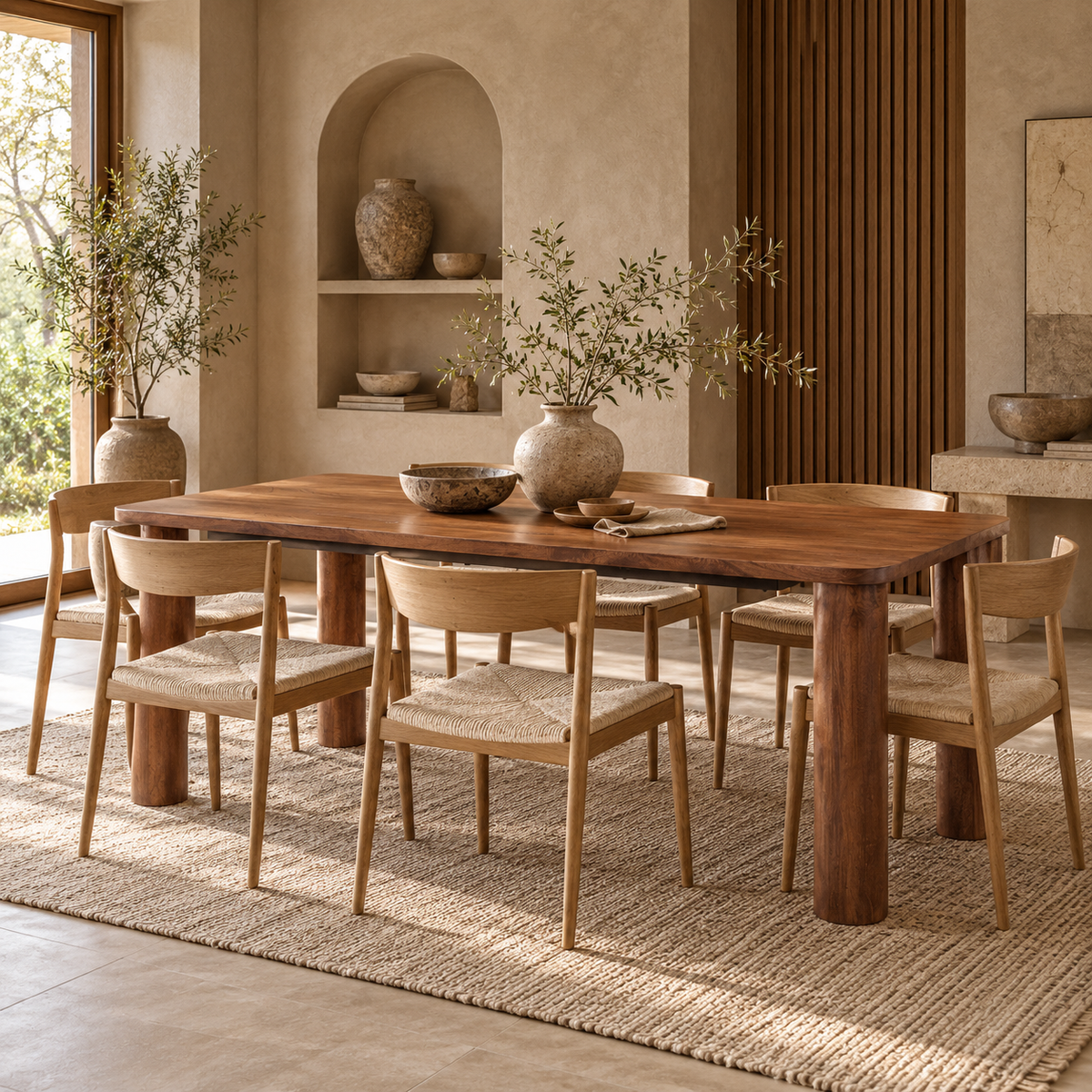 Straight-on front view highlighting the clean architectural lines and smooth rectangular top of the Evolution dining table