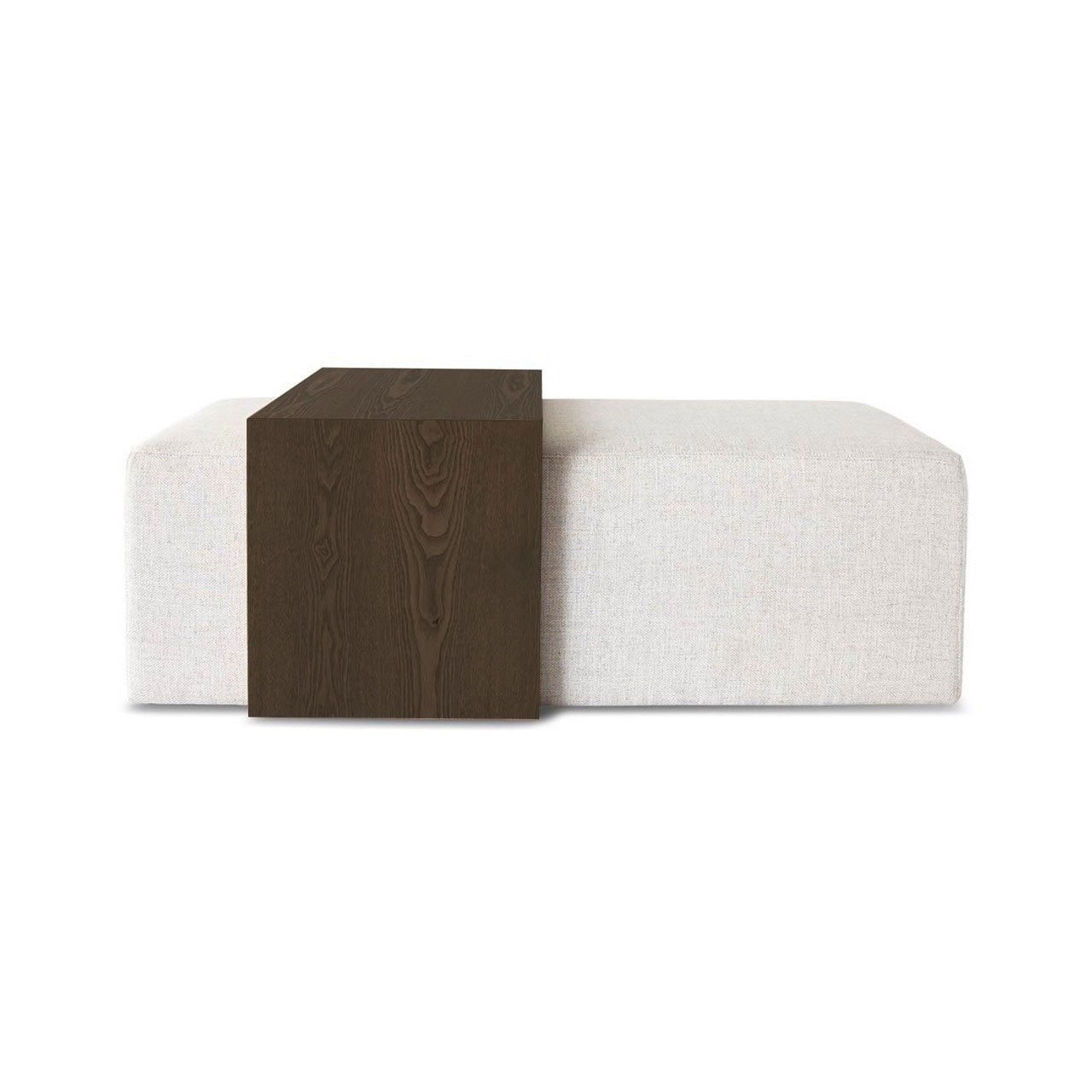 Front view of the Forest coffee ottoman featuring a cream upholstered rectangular bench with a nested blonde oak waterfall table