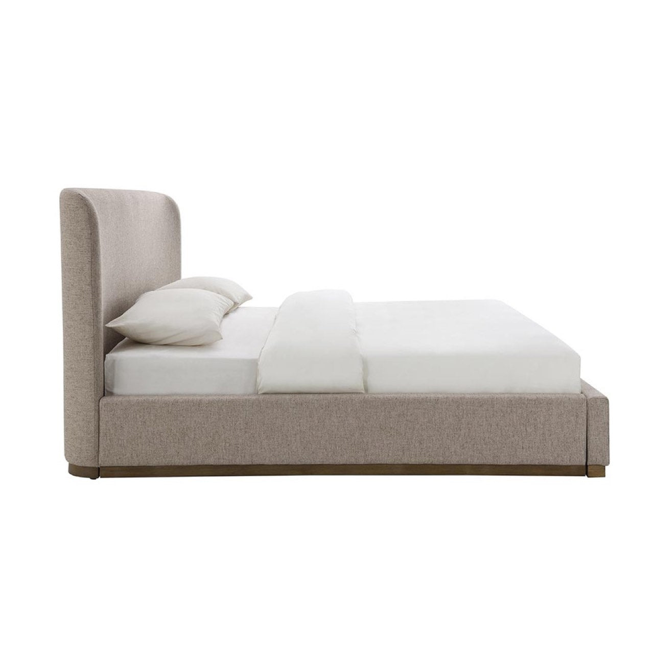 Front view of the Faye platform bed featuring a curved wingback headboard and textured taupe fabric upholstery