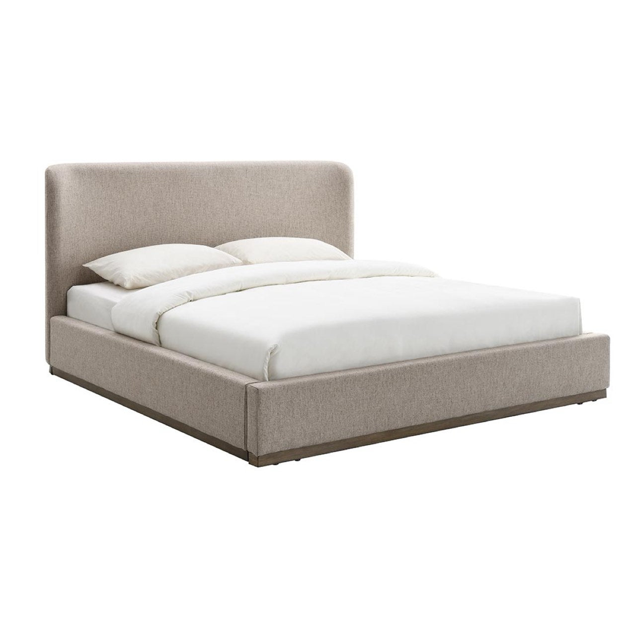 Front view of the Faye platform bed featuring a curved wingback headboard and textured taupe fabric upholstery