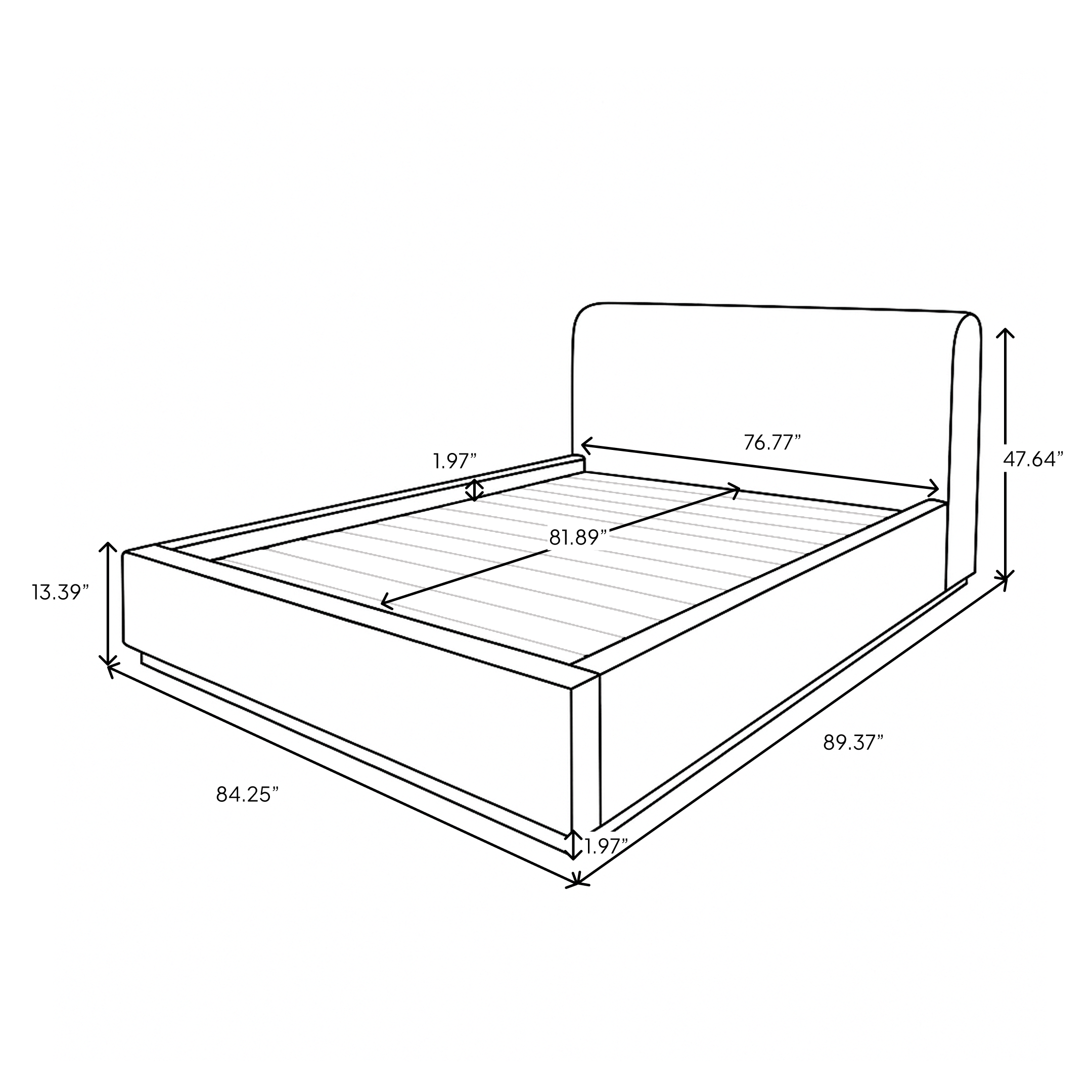 Front view of the Faye platform bed featuring a curved wingback headboard and textured taupe fabric upholstery