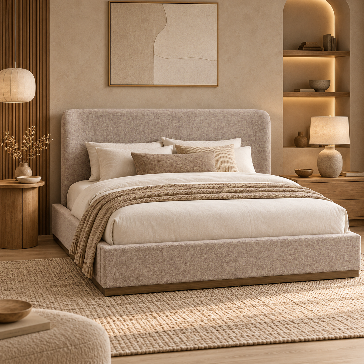 Front view of the Faye platform bed featuring a curved wingback headboard and textured taupe fabric upholstery