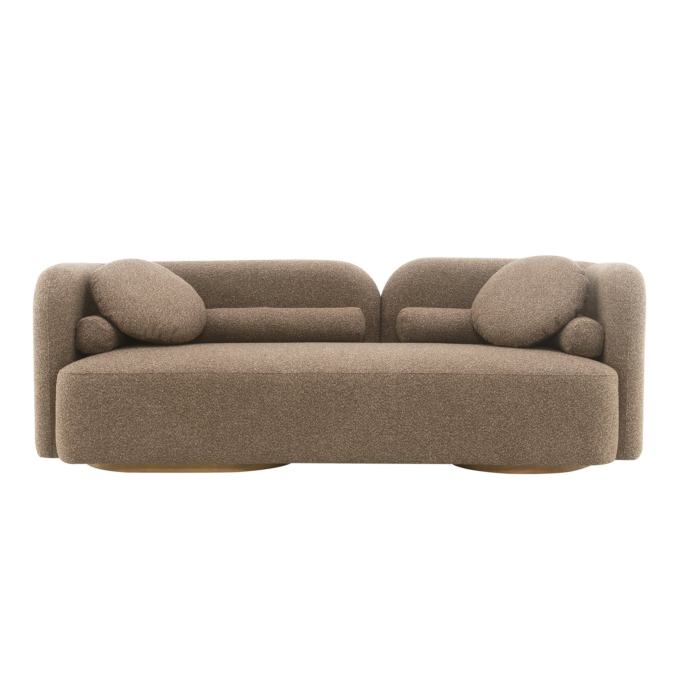 A modern cream-colored fabric sofa with rounded, bubble-like arms and matching round back cushions, shown from a straight-on perspective against a solid white background.