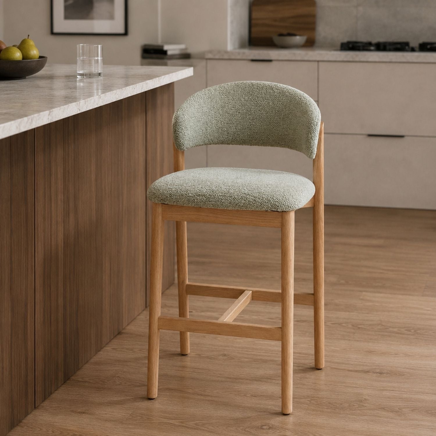 Fiol counter stool, natural wood, mint green fabric color
