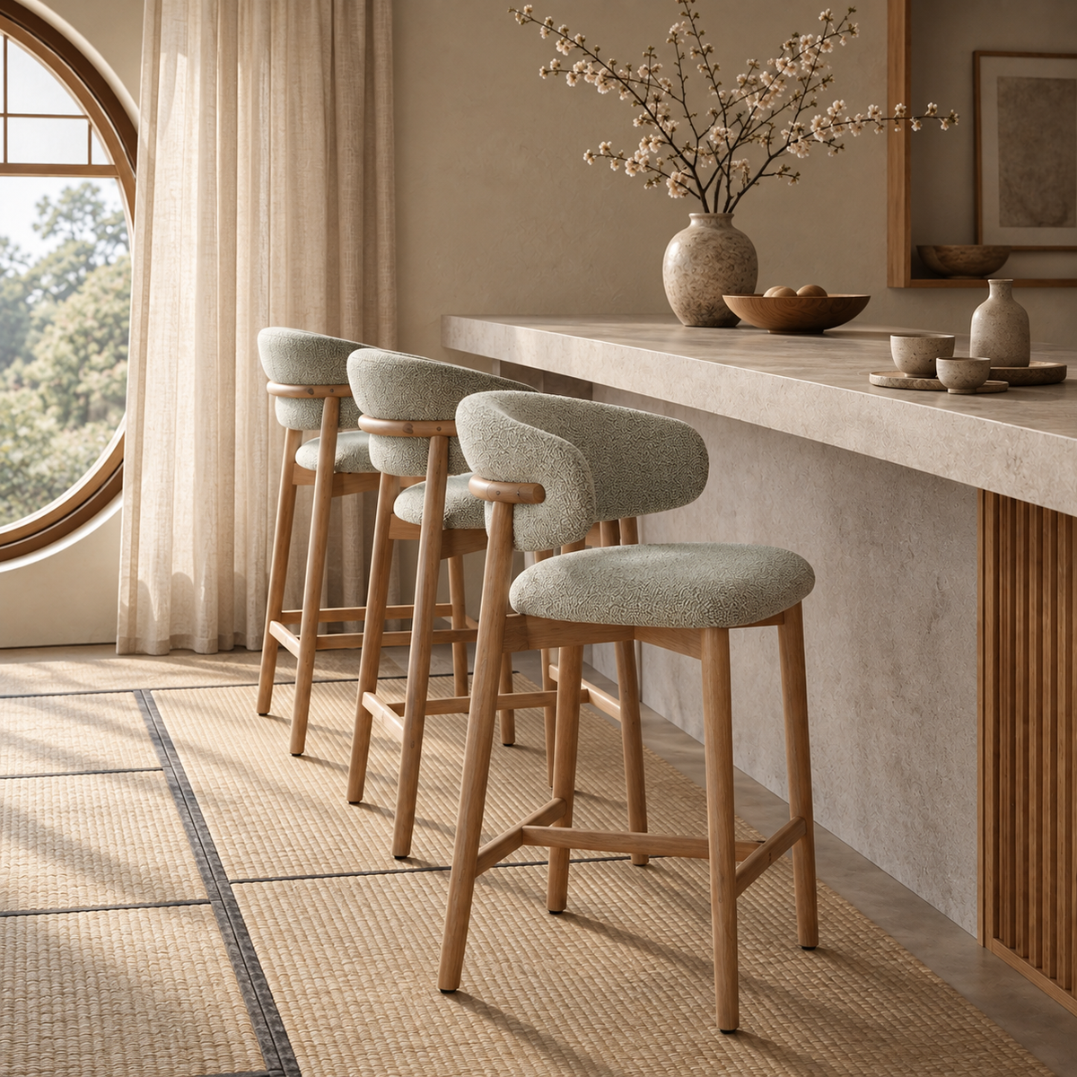 Fiol counter stool, natural wood, mint green fabric color