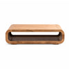 Front view of the Form curve coffee table featuring a solid natural wood construction with a large horizontal pass-through storage cutout