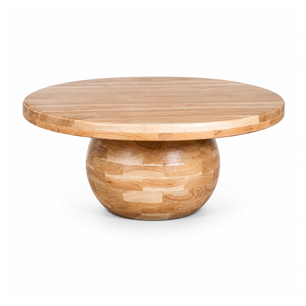 Front view of the Form coffee table featuring a circular natural wood top and a large spherical pedestal base