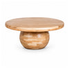 Front view of the Form coffee table featuring a circular natural wood top and a large spherical pedestal base