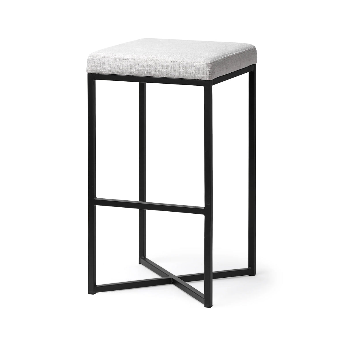 A modern bar stool with a square light gray upholstered seat and a black metal frame, shown on a plain white background.
