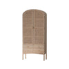 Three-quarter perspective view highlighting the curved silhouette and the light oak wood frame of the arched storage unit