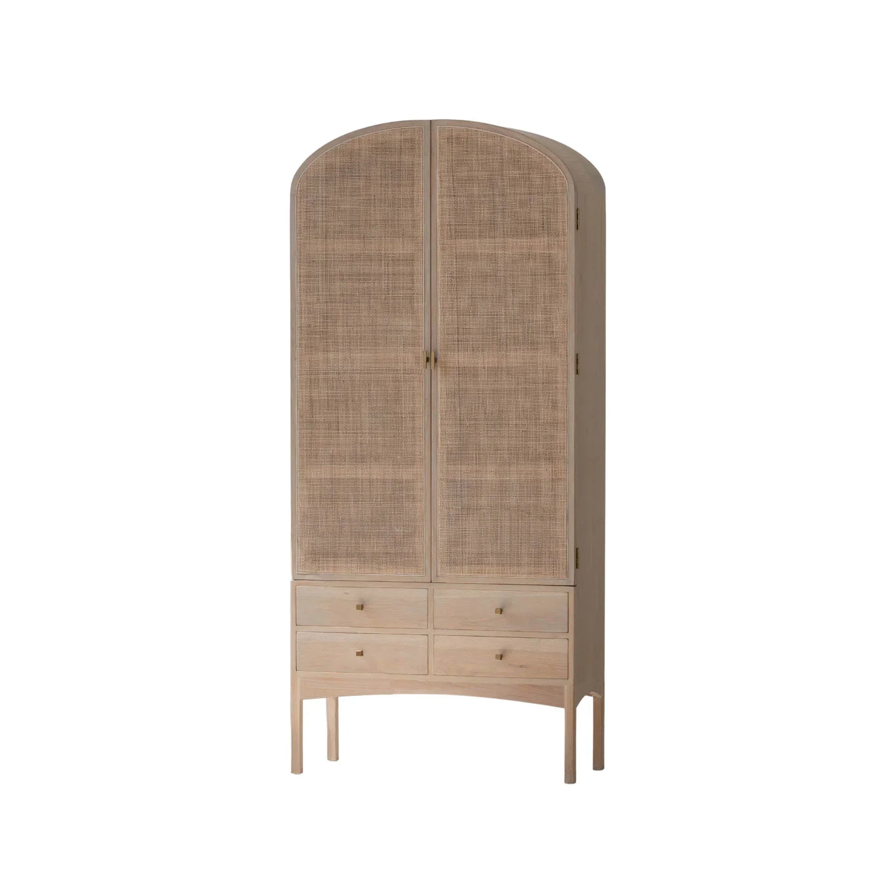 Three-quarter perspective view highlighting the curved silhouette and the light oak wood frame of the arched storage unit