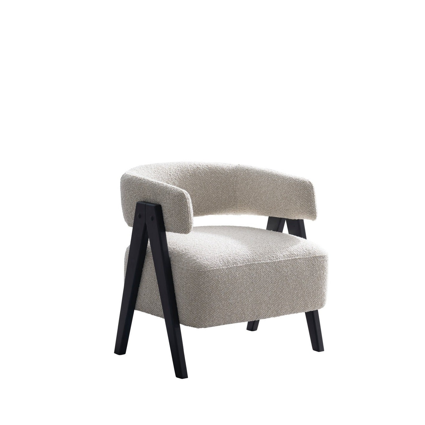 Front view of the Gunnar Accent Chair featuring white bouclé fabric and black A-frame wooden legs.