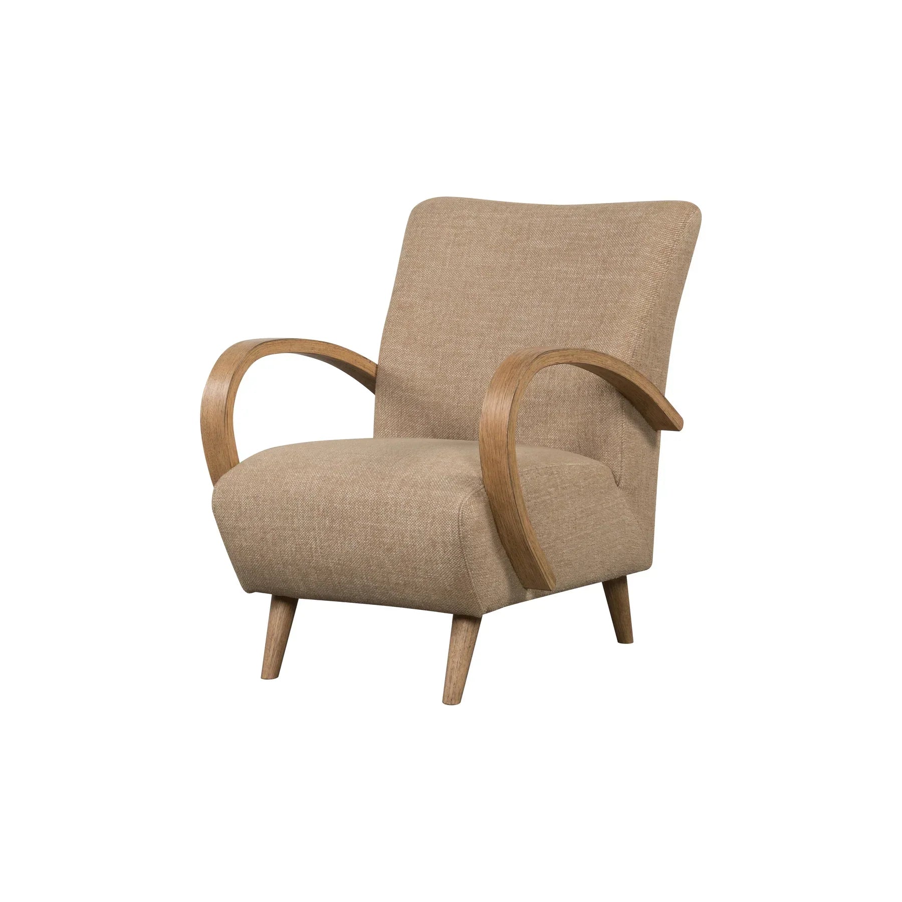 Three-quarter perspective highlighting the elegant sweep of the wooden arms and the flared backrest