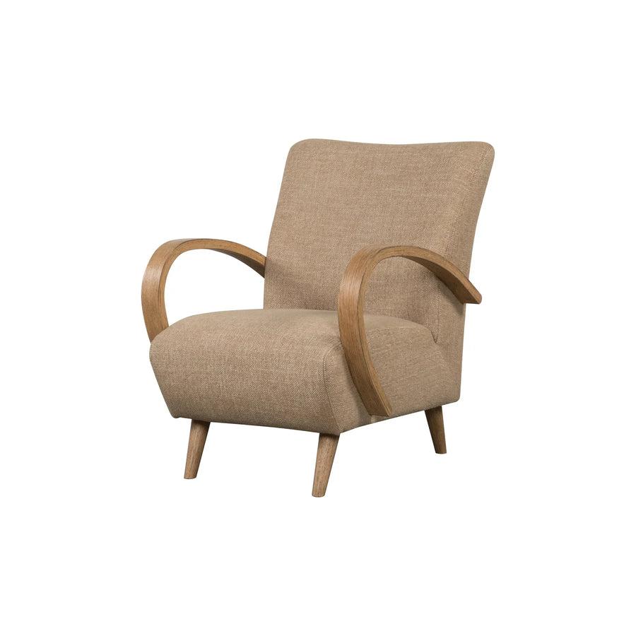 Three-quarter perspective highlighting the elegant sweep of the wooden arms and the flared backrest