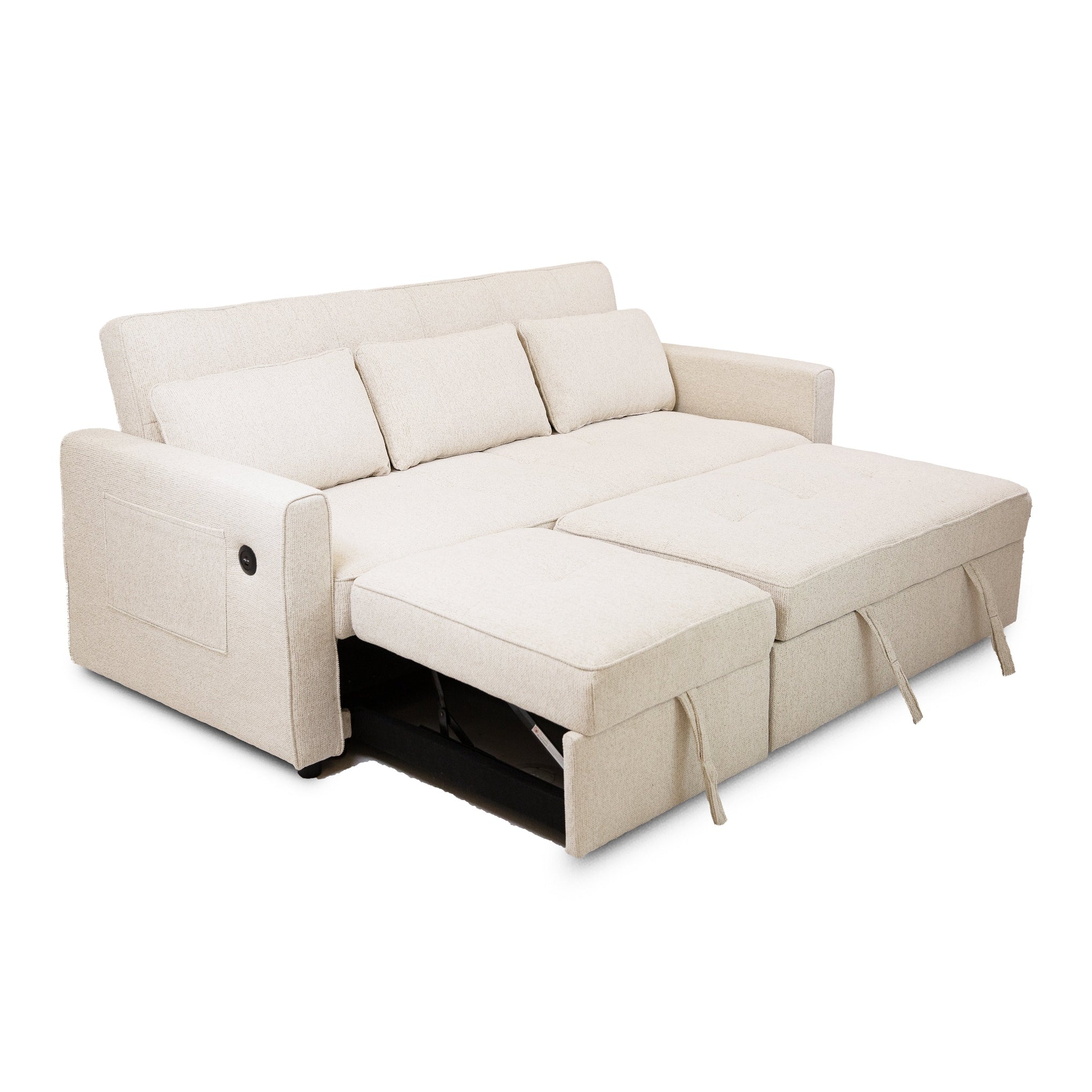 Front view of the Hedal Sofa Sectional Sleeper in cream textured fabric with matching throw pillows