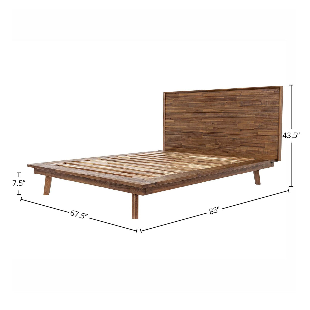 Front view of the Gia platform bed featuring a clean-lined headboard with horizontal wood planks in a weathered light oak finish