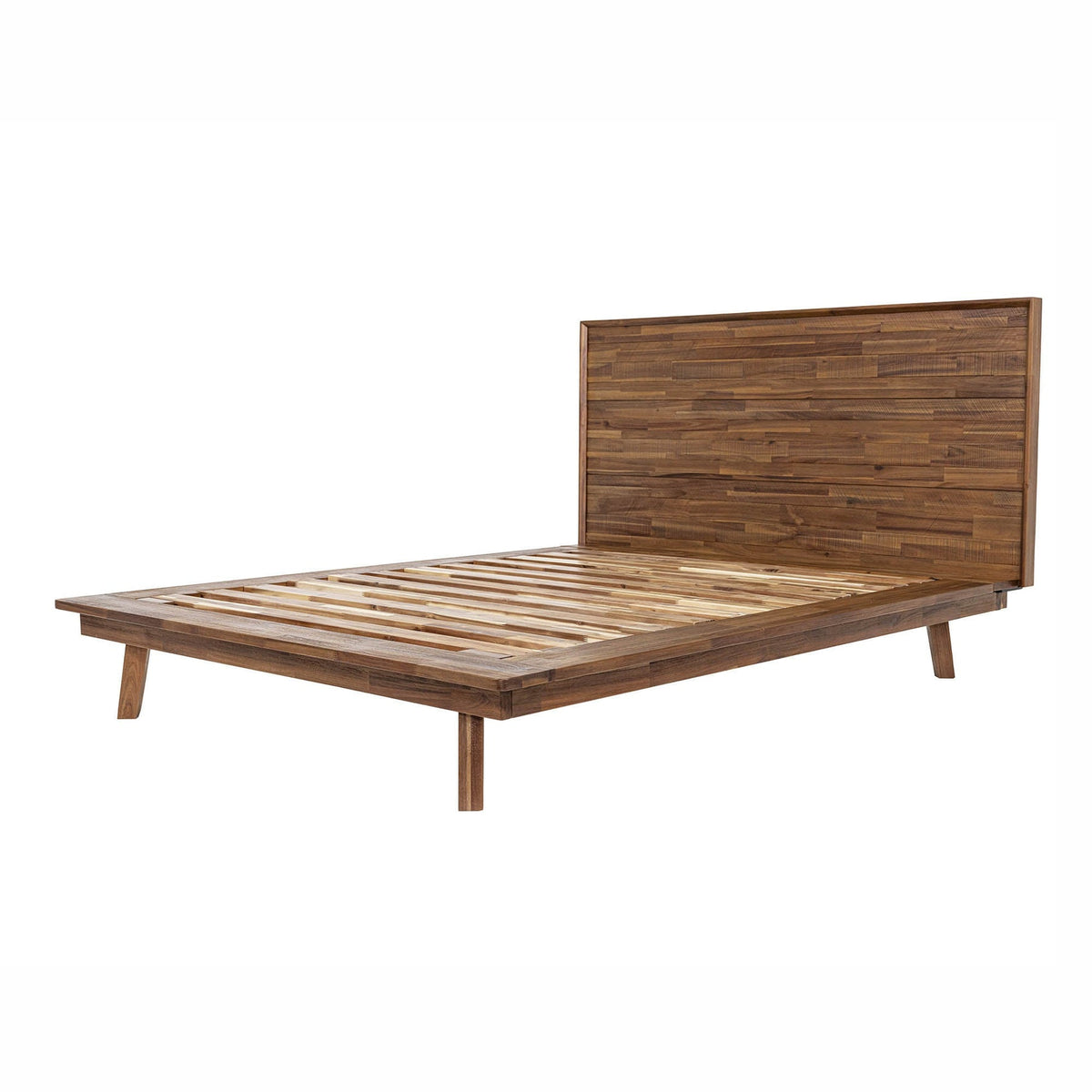 Front view of the Gia platform bed featuring a clean-lined headboard with horizontal wood planks in a weathered light oak finish